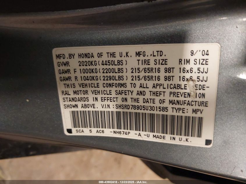 2005 Honda Cr-V Se VIN: SHSRD78905U301585 Lot: 43982418