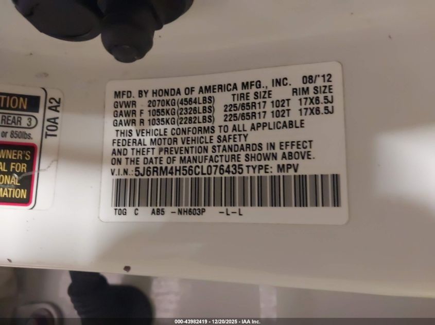2012 Honda Cr-V Ex VIN: 5J6RM4H56CL076435 Lot: 43982419