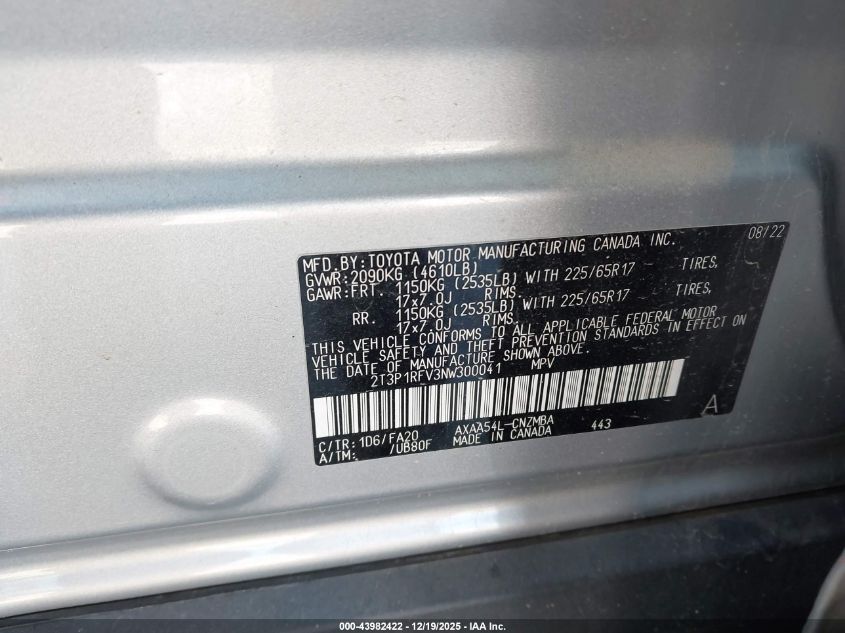 2022 Toyota Rav4 Xle VIN: 2T3P1RFV3NW300041 Lot: 43982422