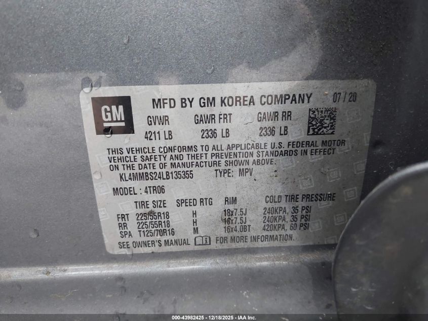 2020 Buick Encore Gx Fwd Preferred VIN: KL4MMBS24LB135355 Lot: 43982425