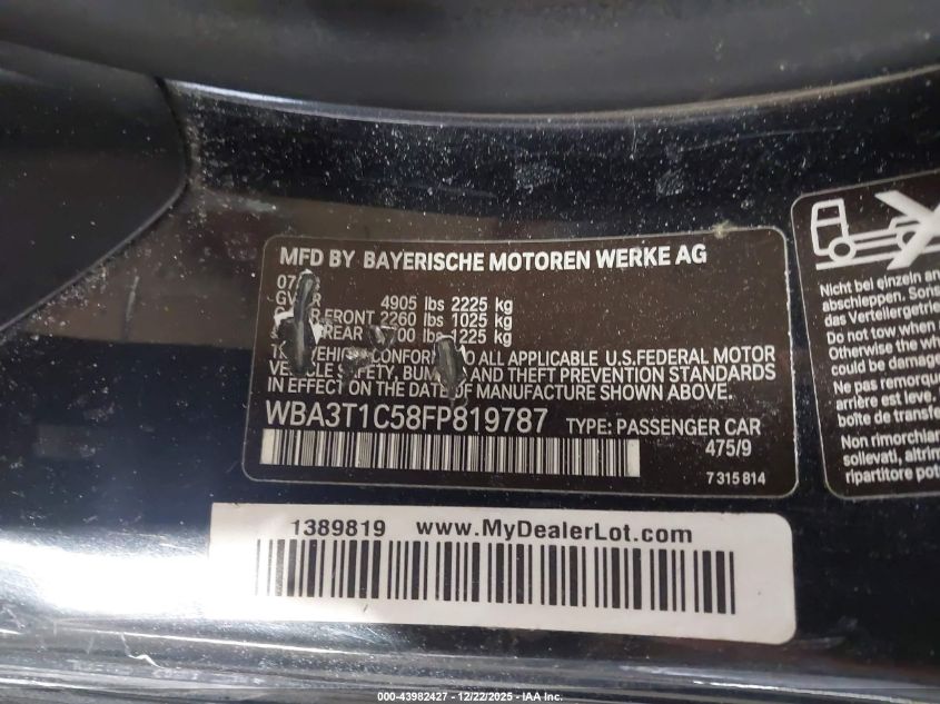 2015 BMW 428I xDrive VIN: WBA3T1C58FP819787 Lot: 43982427