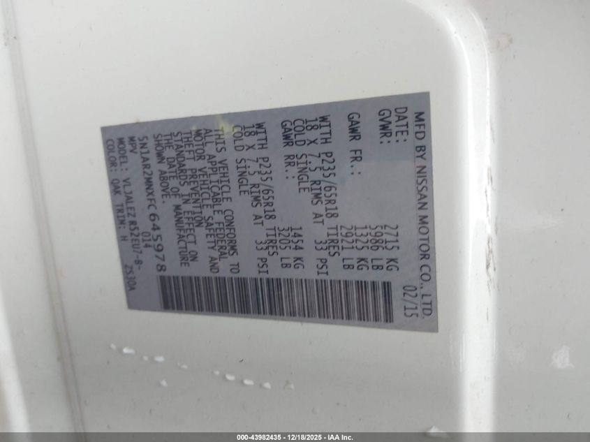 2015 Nissan Pathfinder Sv VIN: 5N1AR2MNXFC645978 Lot: 43982435