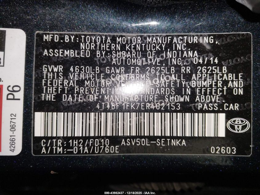 2014 Toyota Camry Le VIN: 4T4BF1FK7ER402153 Lot: 43982437