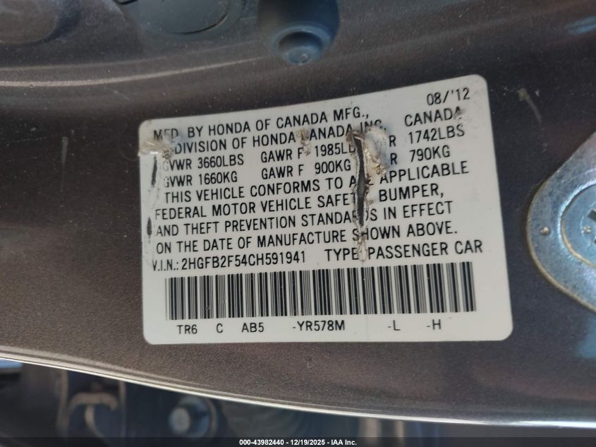 2012 Honda Civic Lx VIN: 2HGFB2F54CH591941 Lot: 43982440