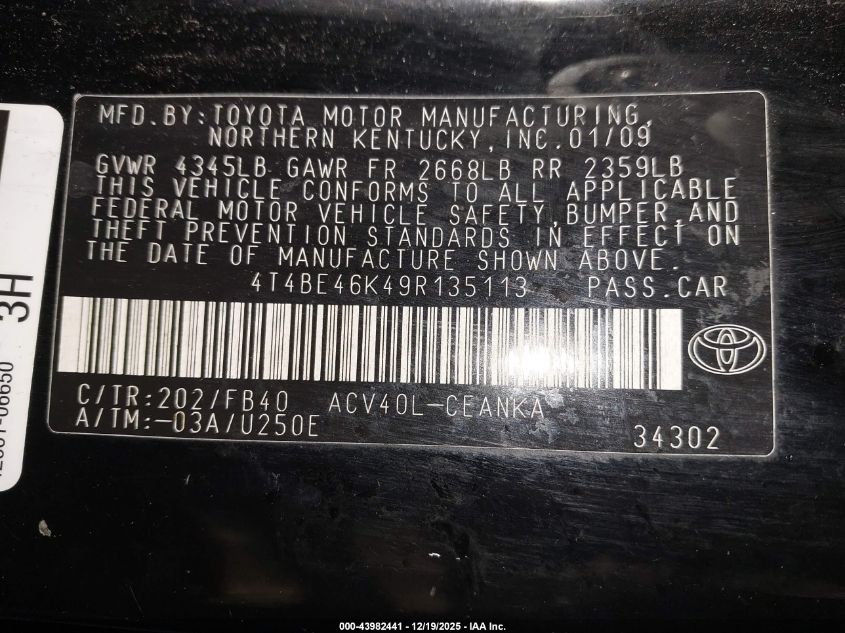 2009 Toyota Camry Le VIN: 4T4BE46K49R135113 Lot: 43982441