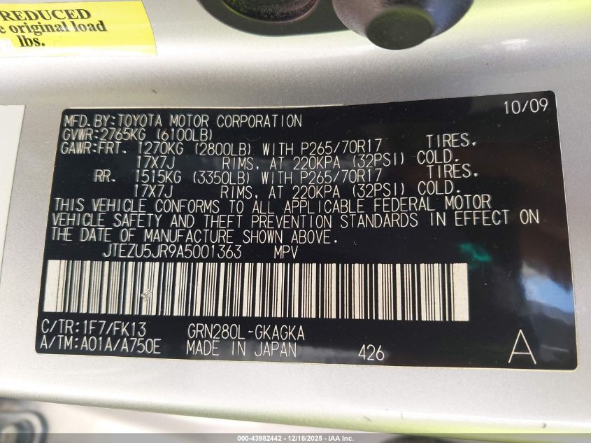 2010 Toyota 4Runner Sr5 V6 VIN: JTEZU5JR9A5001363 Lot: 43982442