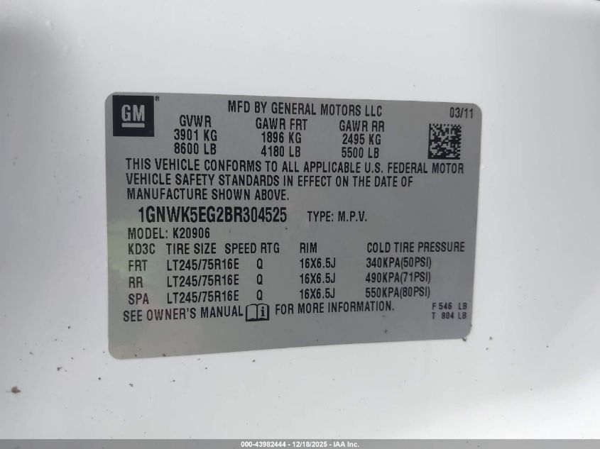 2011 Chevrolet Suburban 2500 Commercial Fleet VIN: 1GNWK5EG2BR304525 Lot: 43982444