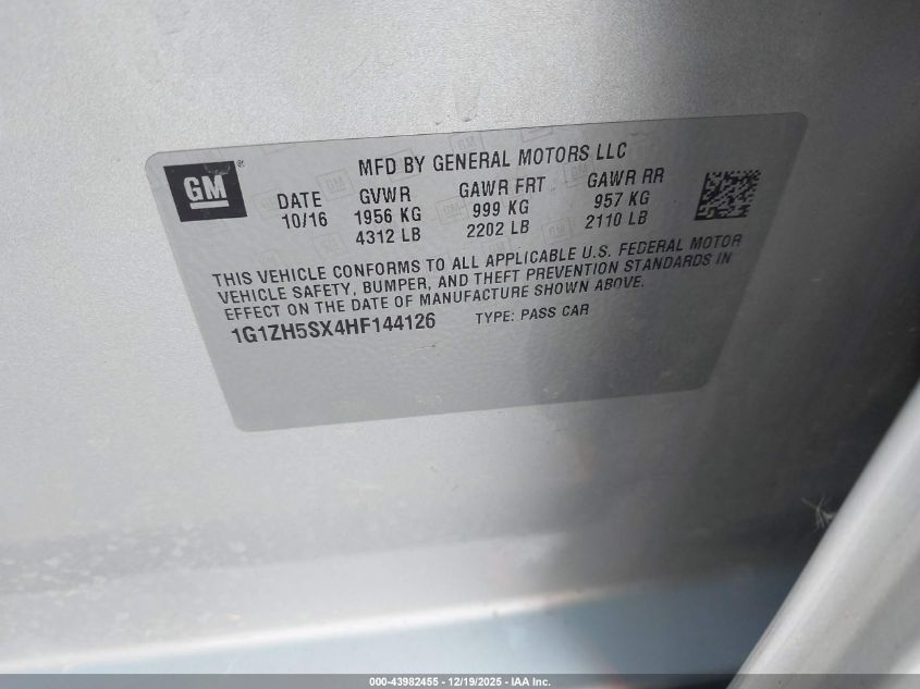 2017 Chevrolet Malibu Premier VIN: 1G1ZH5SX4HF144126 Lot: 43982455