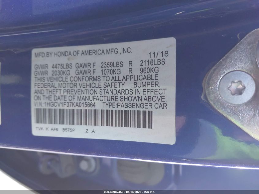 2019 Honda Accord Sport VIN: 1HGCV1F37KA015664 Lot: 43982459