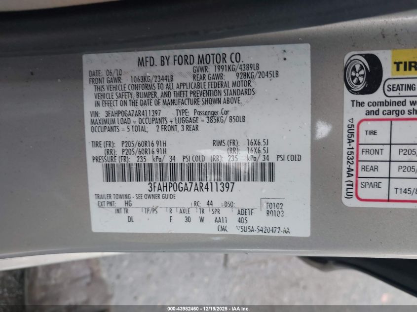 2010 Ford Fusion S VIN: 3FAHP0GA7AR411397 Lot: 43982460
