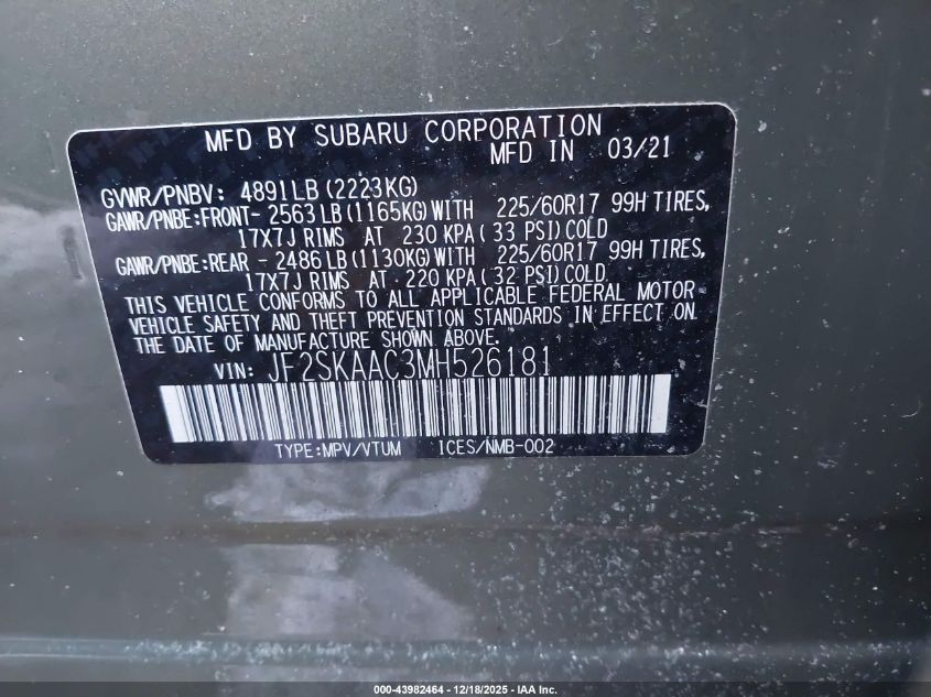 2021 Subaru Forester VIN: JF2SKAAC3MH526181 Lot: 43982464