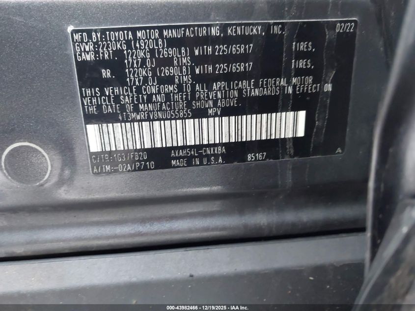 2022 Toyota Rav4 Hybrid Le VIN: 4T3MWRFV8NU055855 Lot: 43982466