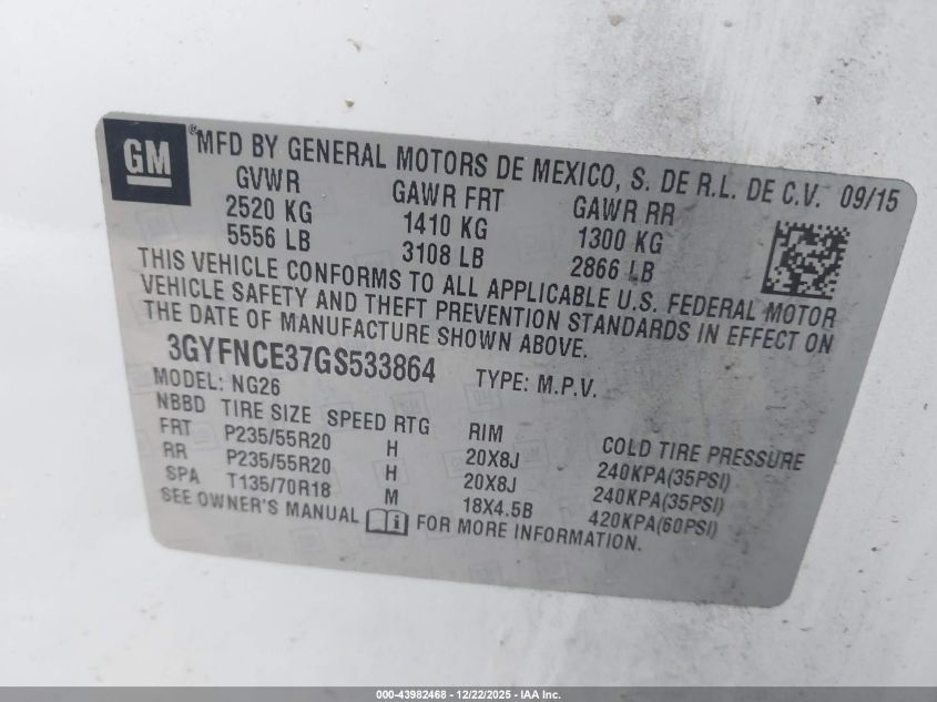 2016 Cadillac Srx Performance Collection VIN: 3GYFNCE37GS533864 Lot: 43982468