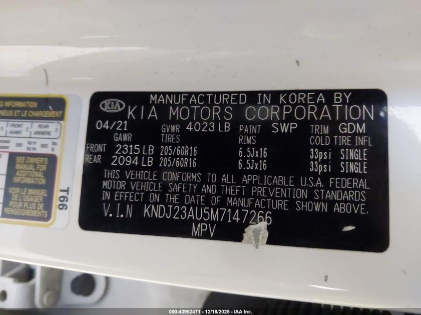 2021 Kia Soul Lx VIN: KNDJ23AU5M7147266 Lot: 43982471