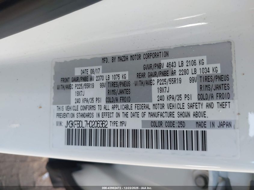 2017 Mazda Cx-5 Grand Select VIN: JM3KFBDL7H0206362 Lot: 43982472