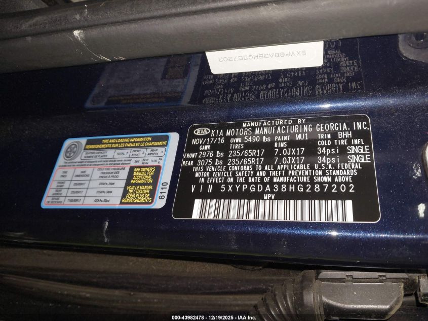 2017 Kia Sorento 2.4L Lx VIN: 5XYPGDA38HG287202 Lot: 43982478
