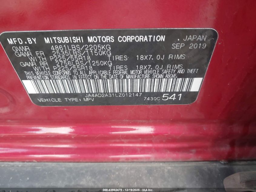 2020 Mitsubishi Outlander Es 2.4 VIN: JA4AD2A31LZ012147 Lot: 43982479