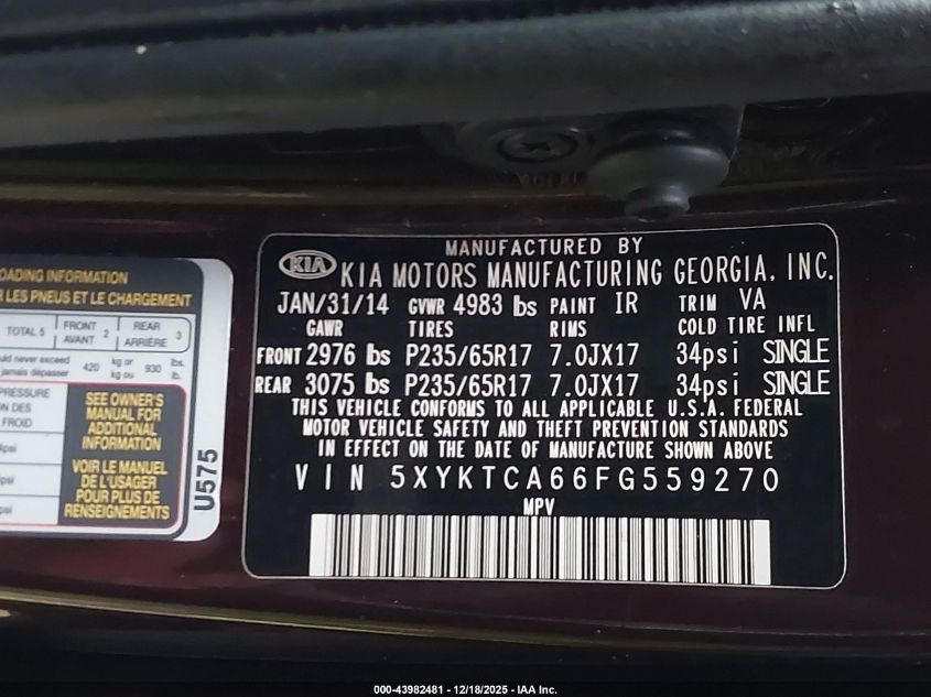 2015 Kia Sorento Lx VIN: 5XYKTCA66FG559270 Lot: 43982481