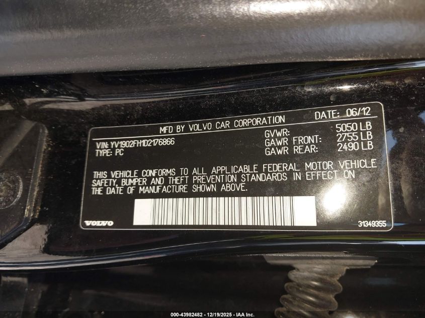 2013 Volvo S60 T6 VIN: YV1902FH1D2176866 Lot: 43982482