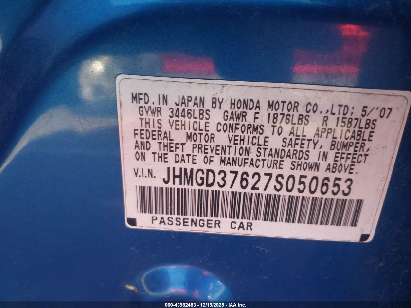 2007 Honda Fit Sport VIN: JHMGD37627S050653 Lot: 43982483