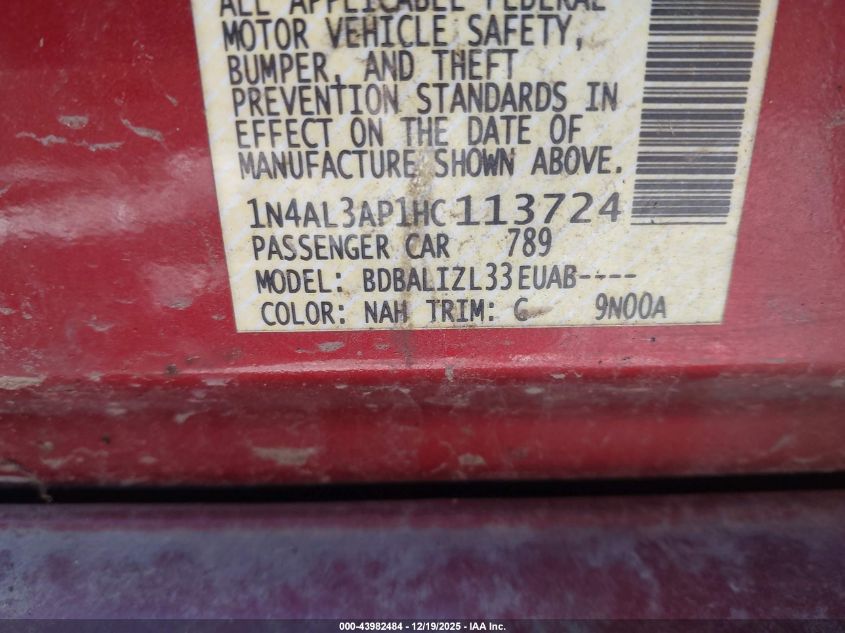 2017 Nissan Altima 2.5/2.5 S/2.5 Sl/2.5 Sr/2.5 Sv VIN: 1N4AL3AP1HC113724 Lot: 43982484