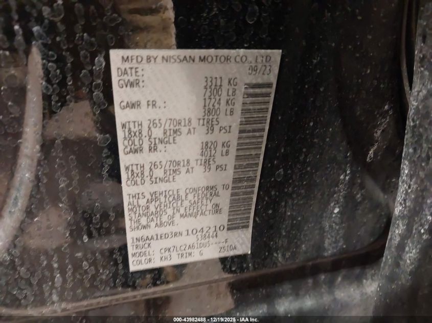 2024 Nissan Titan Sv 4X4 VIN: 1N6AA1ED3RN104210 Lot: 43982488