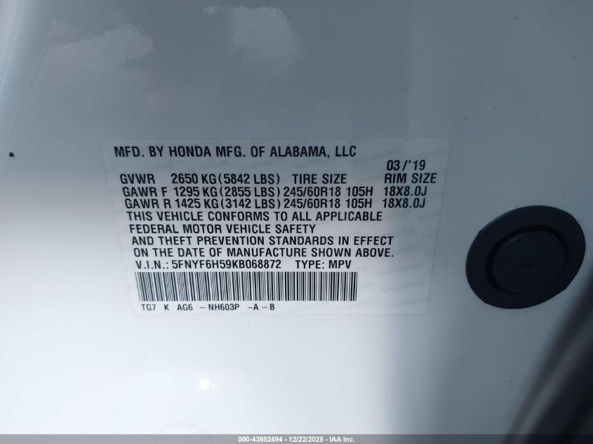 2019 Honda Pilot Ex-L VIN: 5FNYF6H59KB068872 Lot: 43982494