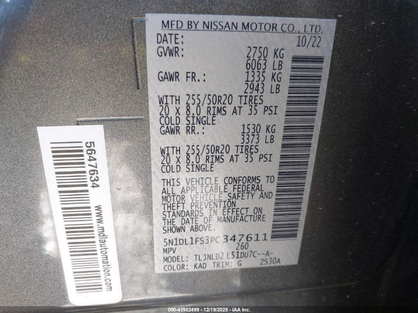 2023 Infiniti Qx60 Luxe Awd VIN: 5N1DL1FS3PC347611 Lot: 43982499