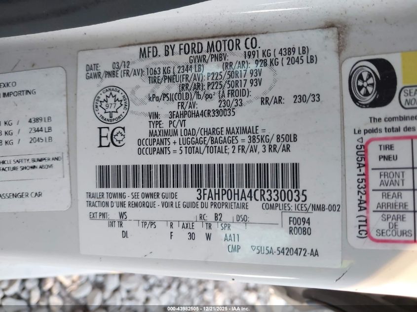 2012 Ford Fusion Se VIN: 3FAHP0HA4CR330035 Lot: 43982505