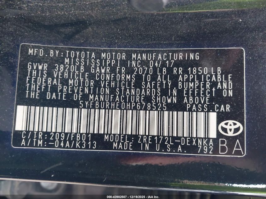 2017 Toyota Corolla Le VIN: 5YFBURHE0HP678525 Lot: 43982507