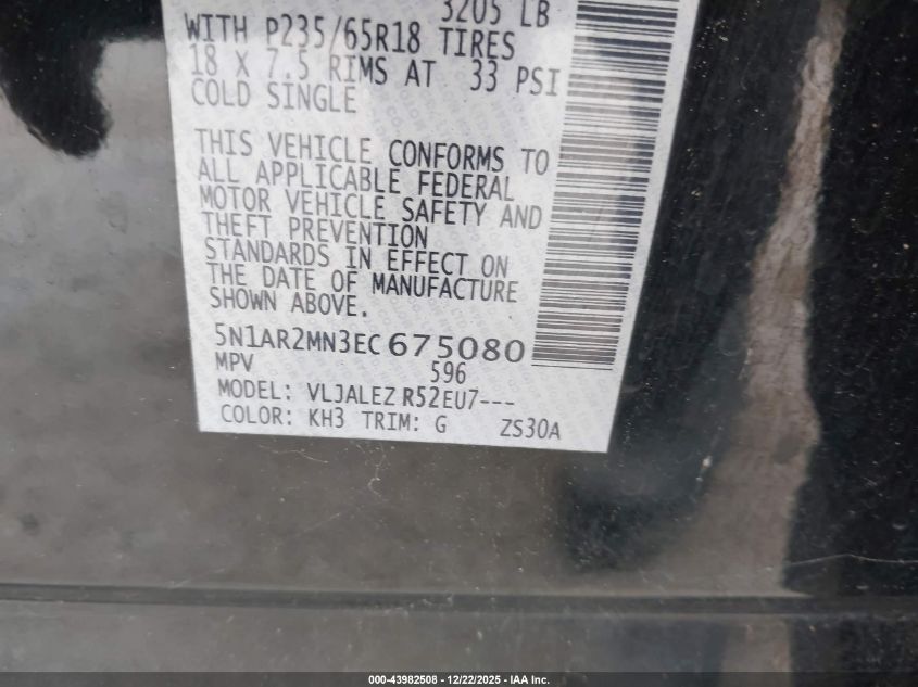 2014 Nissan Pathfinder Platinum/S/Sl/Sv VIN: 5N1AR2MN3EC675080 Lot: 43982508