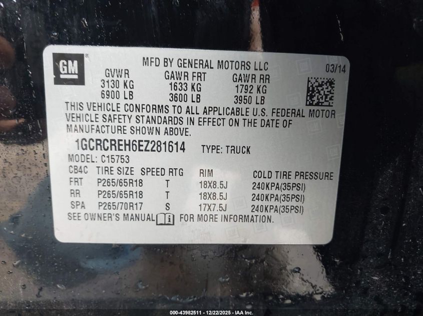 2014 Chevrolet Silverado 1500 1Lt VIN: 1GCRCREH6EZ281614 Lot: 43982511