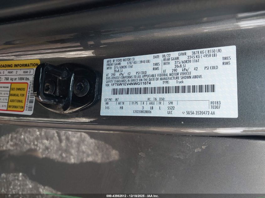 2022 Ford F-150 Lightning Lariat VIN: 1FT6W1EV4NWG11074 Lot: 43982512