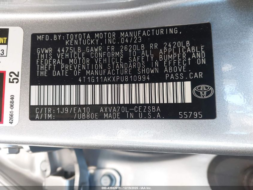 2023 Toyota Camry Se VIN: 4T1G11AKXPU810994 Lot: 43982519