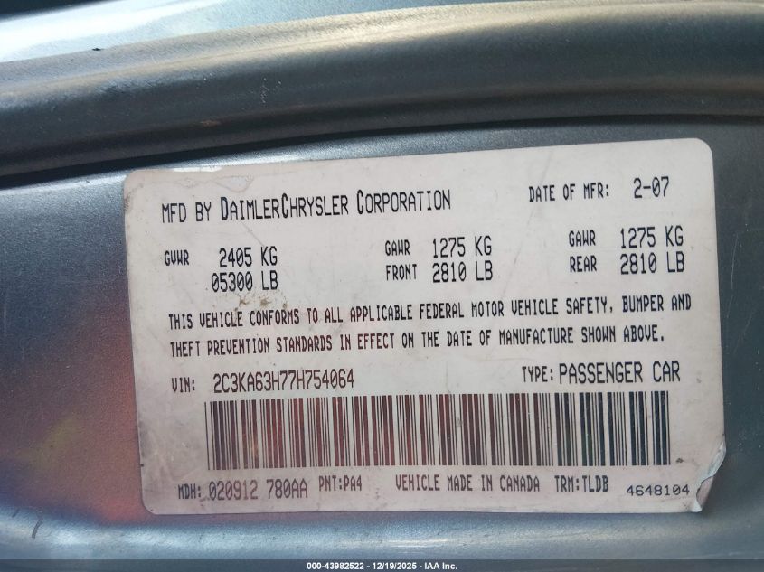 2007 Chrysler 300C VIN: 2C3KA63H77H754064 Lot: 43982522