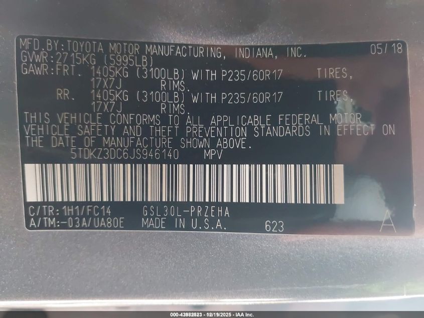 2018 Toyota Sienna Le 8 Passenger VIN: 5TDKZ3DC6JS946140 Lot: 43982523