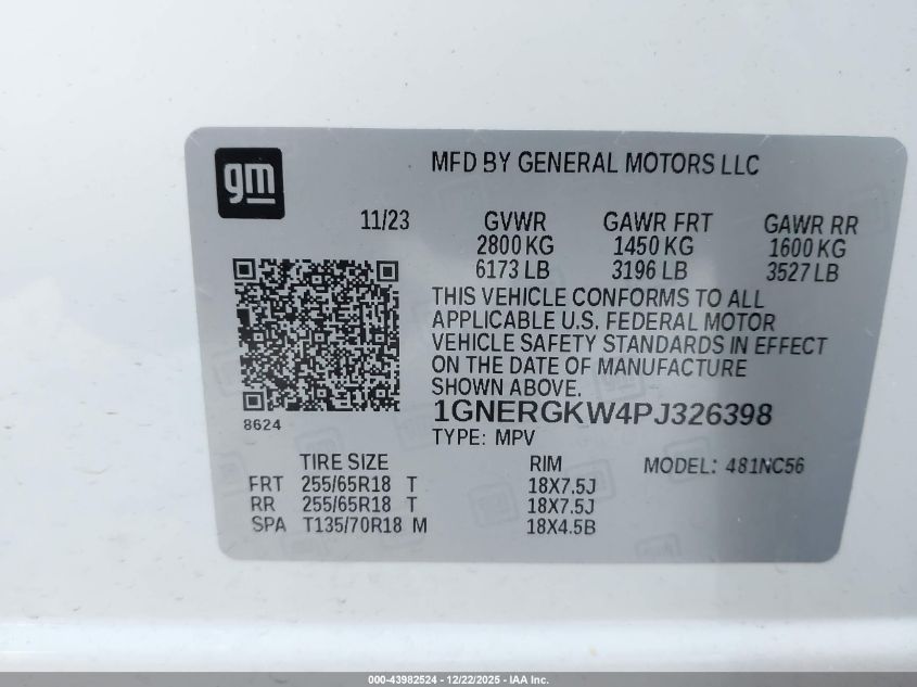 2023 Chevrolet Traverse Fwd Lt Cloth VIN: 1GNERGKW4PJ326398 Lot: 43982524