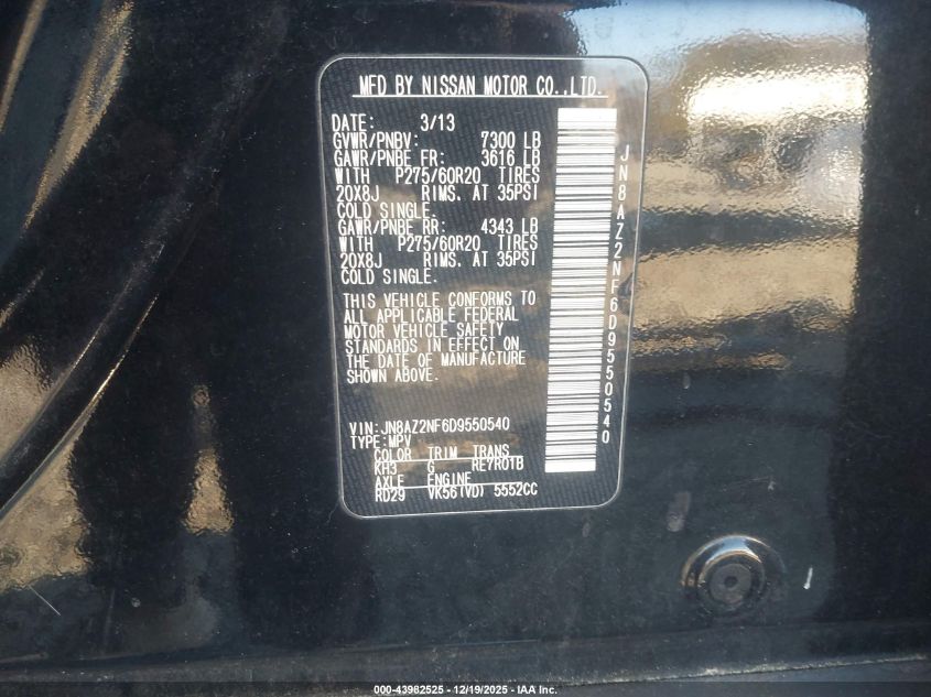 2013 Infiniti Qx56 VIN: JN8AZ2NF6D9550540 Lot: 43982525