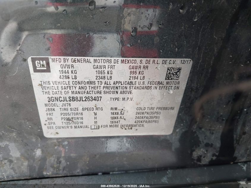 2018 Chevrolet Trax Lt VIN: 3GNCJLSB8JL263407 Lot: 43982528