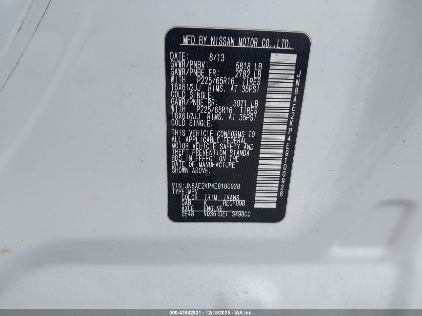 2014 Nissan Quest S VIN: JN8AE2KP4E9100928 Lot: 43982531