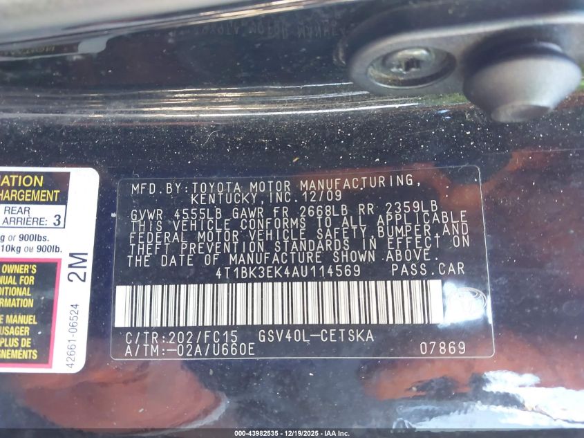 2010 Toyota Camry Se V6 VIN: 4T1BK3EK4AU114569 Lot: 43982535