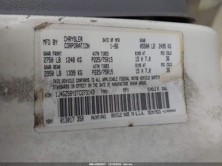 1996 Jeep Grand Cherokee Laredo VIN: 1J4GZ58Y2TC273143 Lot: 43982537