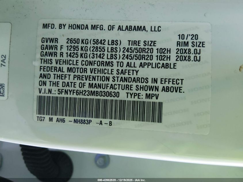 2021 Honda Pilot Awd Special Edition VIN: 5FNYF6H23MB030630 Lot: 43982539