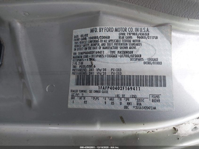 2002 Ford Mustang VIN: 1FAFP40402F169411 Lot: 43982551