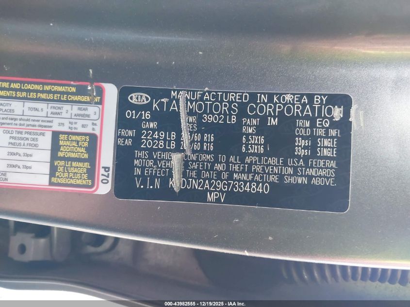 2016 Kia Soul VIN: KNDJN2A29G7334840 Lot: 43982555