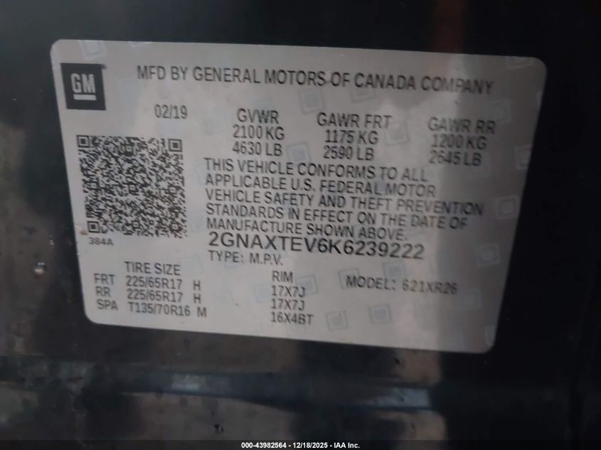 2019 Chevrolet Equinox Lt VIN: 2GNAXTEV6K6239222 Lot: 43982564