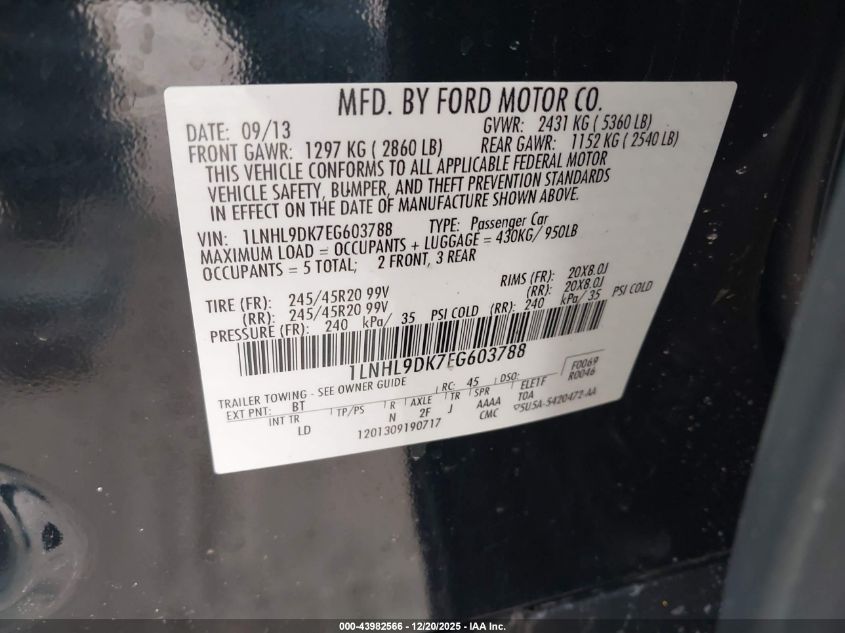 2014 Lincoln Mks VIN: 1LNHL9DK7EG603788 Lot: 43982566