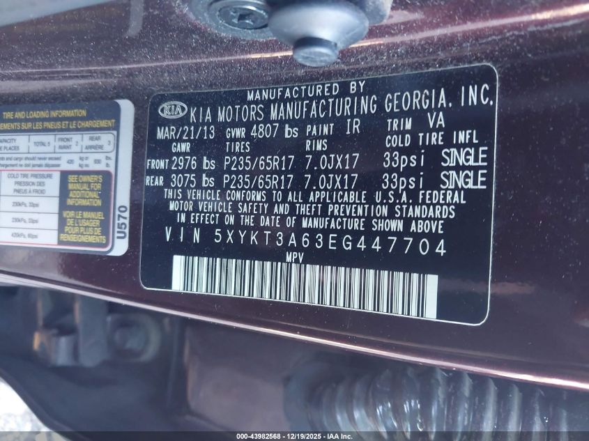 2014 Kia Sorento Lx VIN: 5XYKT3A63EG447704 Lot: 43982568