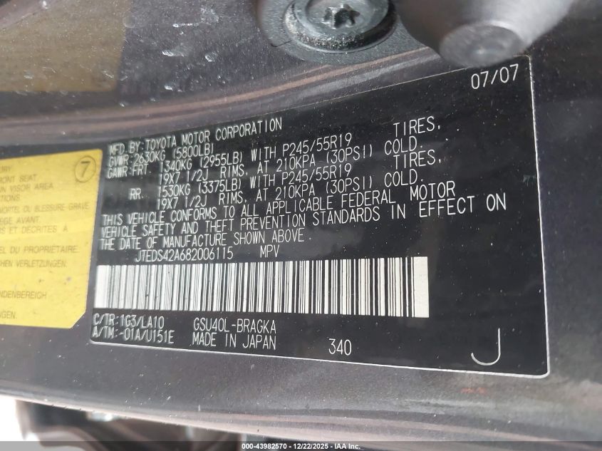 2008 Toyota Highlander Limited VIN: JTEDS42A682006115 Lot: 43982570