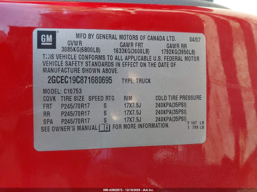 2007 Chevrolet Silverado 1500 Work Truck VIN: 2GCEC19C871680695 Lot: 43982572